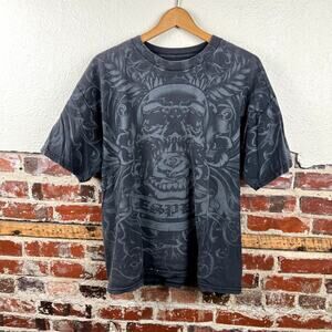 Vintage MMA Elite Shirt Sz XL Black Short Sleeve AOP Skull Rose Grunge Skate Y2K